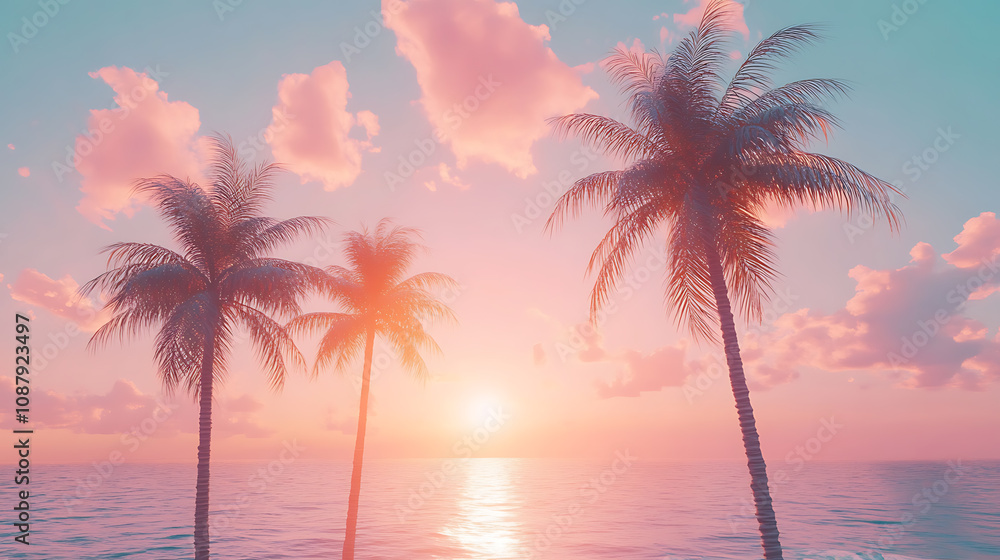 Ocean and palm trees with a pastel yellow, pink, and blue sunset sky retro look reminiscent of the 1980s Ocean and palm trees with a pastel yellow, pink, and blue sunset sky retro look reminiscent of the 1980s