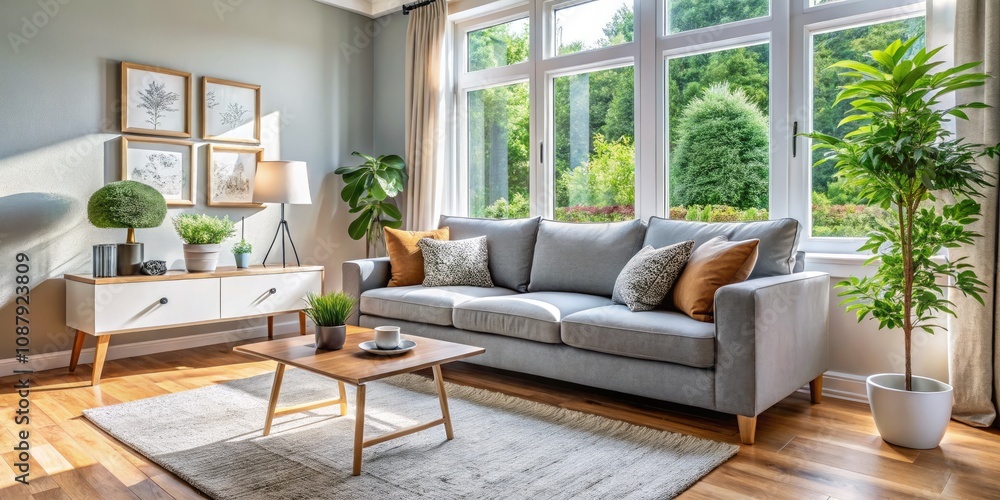 Minimalist Living Room with Light Gray Sofa and Large Windows for a ...