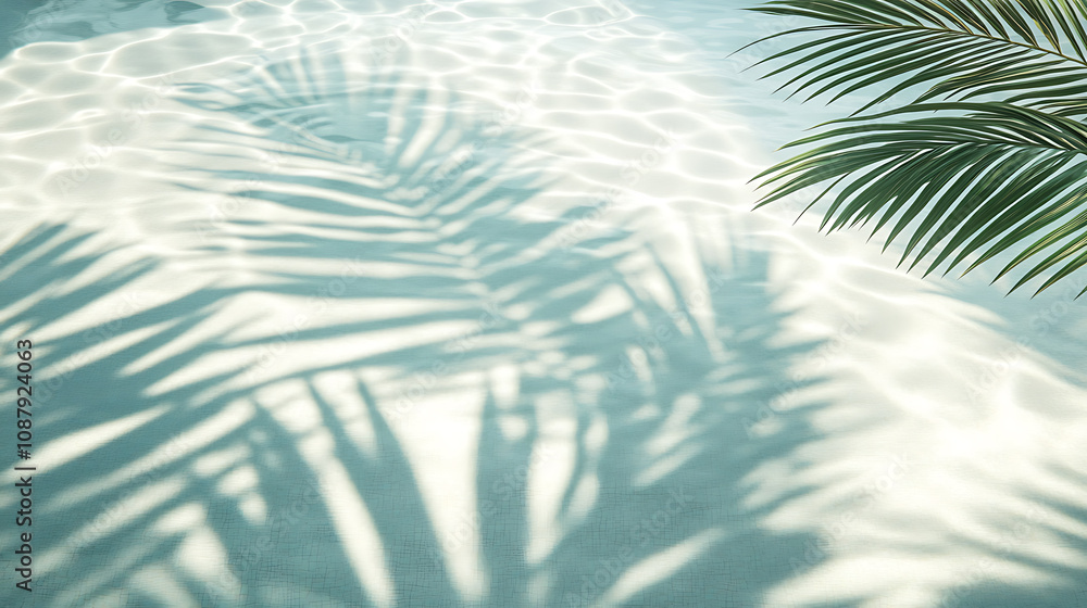 An overhead view of a luxurious swimming pool with the shadow of a palm cast on the water, creating a tropical background ideal for product placement on a podium mockup An overhead view of a luxurious swimming pool with the shadow of a palm cast on the water, creating a tropical background ideal for product placement on a podium mockup