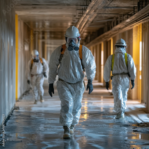 Asbestos abatement workers remove hazardous materials