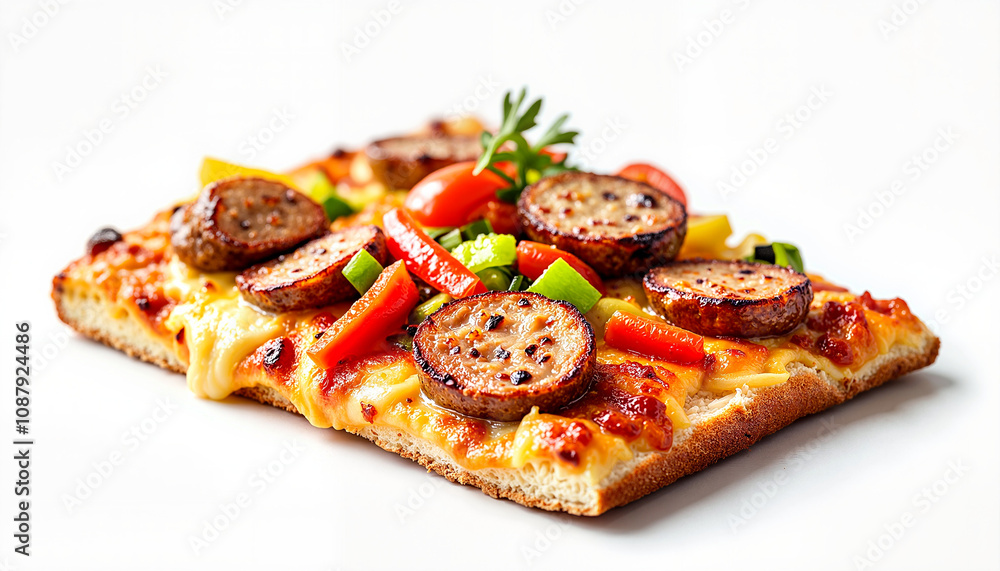 Colorful flatbread pizza with sausage and vegetables Colorful flatbread pizza with sausage and vegetables