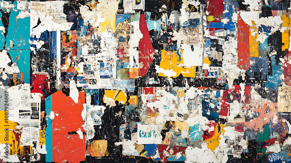 Naklejka premium An abstract background created from old, torn street posters, featuring a diverse range of textures and colors