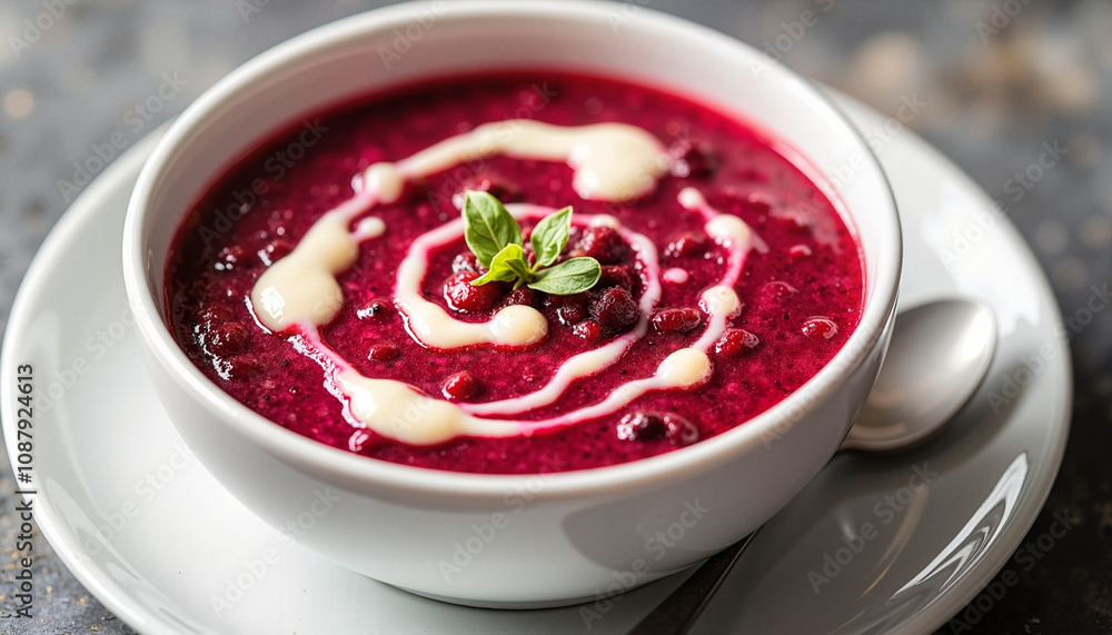Vibrant beet soup with cream swirl and herb garnish Vibrant beet soup with cream swirl and herb garnish