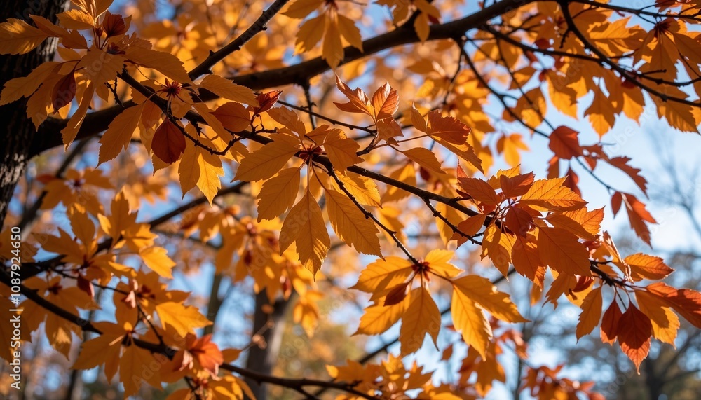 Autumn leaves in sunlight on tree branches with blue sky background Autumn leaves in sunlight on tree branches with blue sky background
