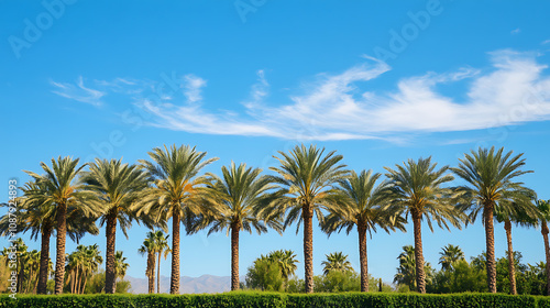 Beautiful palm trees against the blue sky on sunny day, banner with copy space area, tropical background, banner design