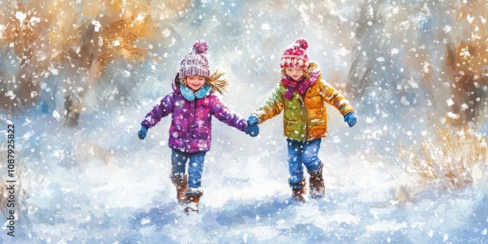 Two kids in colorful winter clothes enjoying a snowy day, walking and holding hands amidst a flurry of snowflakes Two kids in colorful winter clothes enjoying a snowy day, walking and holding hands amidst a flurry of snowflakes