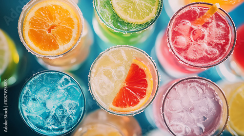 Colorful soda drinks in glasses refreshing summer mocktails or cocktails top view
