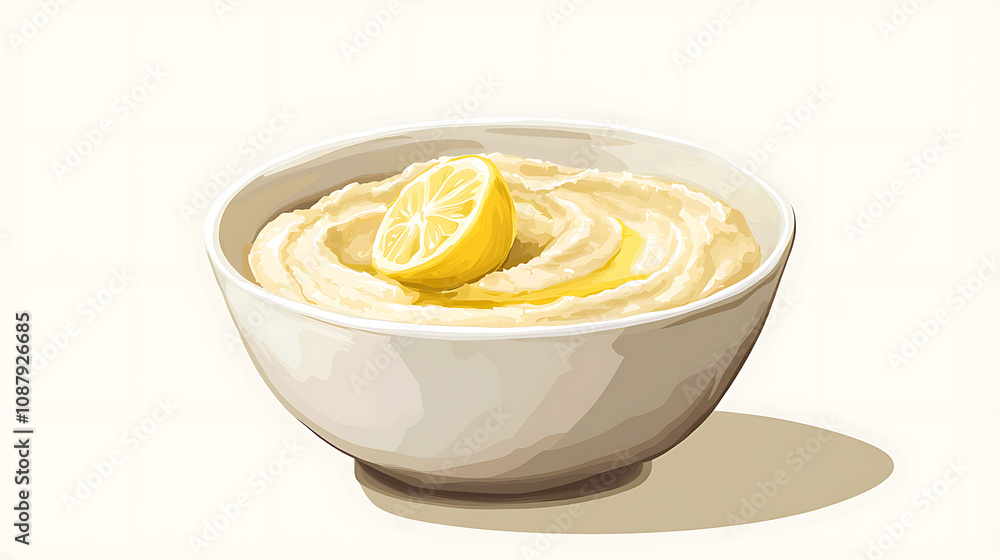 Creamy hummus dip with chickpeas tahini garlic lemon and olive oil in white bowl illustration food photography Creamy hummus dip with chickpeas tahini garlic lemon and olive oil in white bowl illustration food photography