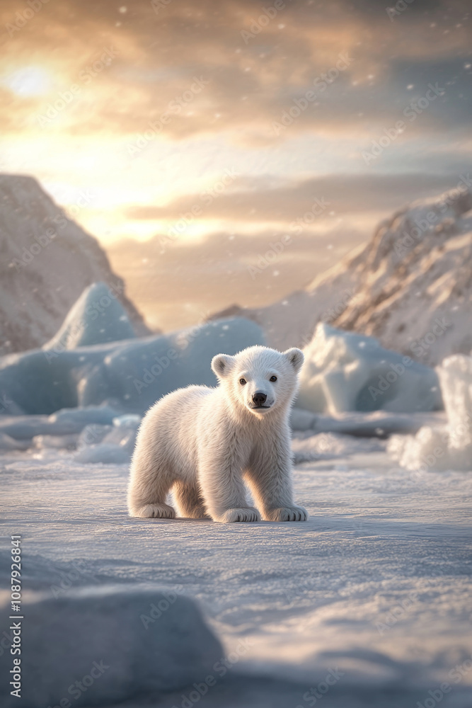 A small polar bear cub standing alone on arctic ice A small polar bear cub standing alone on arctic ice