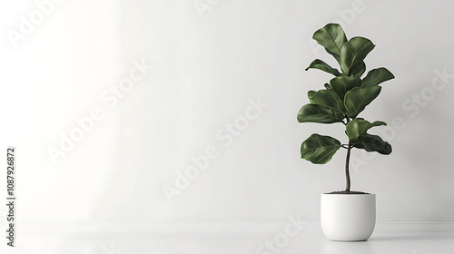 Large house rubber plant in modern white pot fiddle leaf fig tree isolated on white background