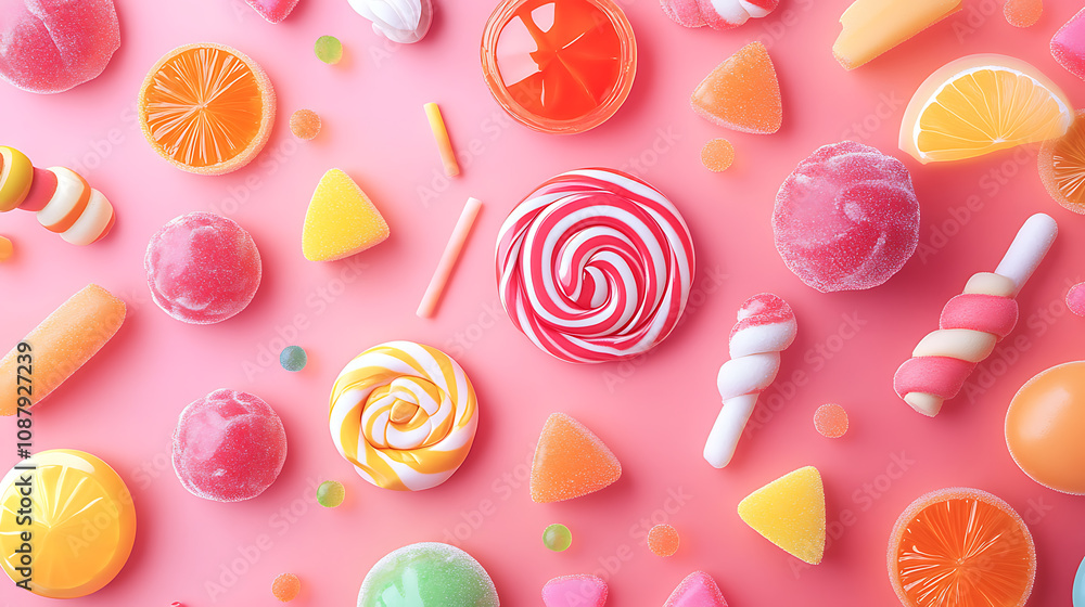 Illustration of different bright colored sweets, candies, lollipops, marmalade Illustration of different bright colored sweets, candies, lollipops, marmalade