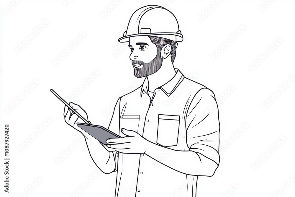 Abstract line art drawing of an engineer wearing a helmet, holding a tablet, and pointing to something on a white background Generative AI Abstract line art drawing of an engineer wearing a helmet, holding a tablet, and pointing to something on a white background Generative AI