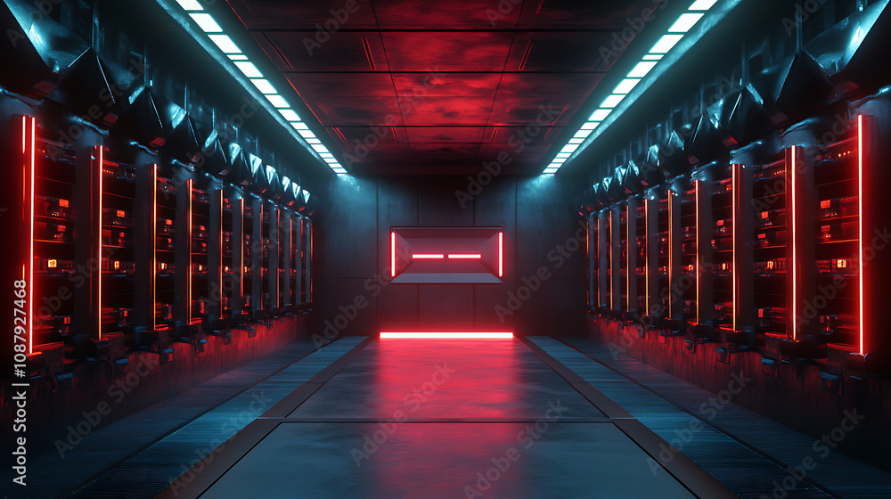 Server room with rows of network equipment and glowing led lights 3d rendering Server room with rows of network equipment and glowing led lights 3d rendering