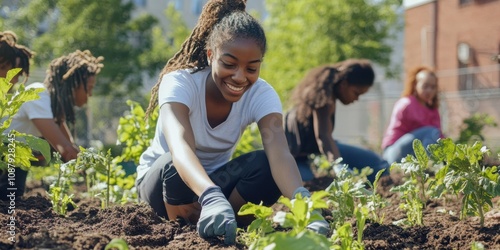 A group of teenagers planting trees in an urban community garden