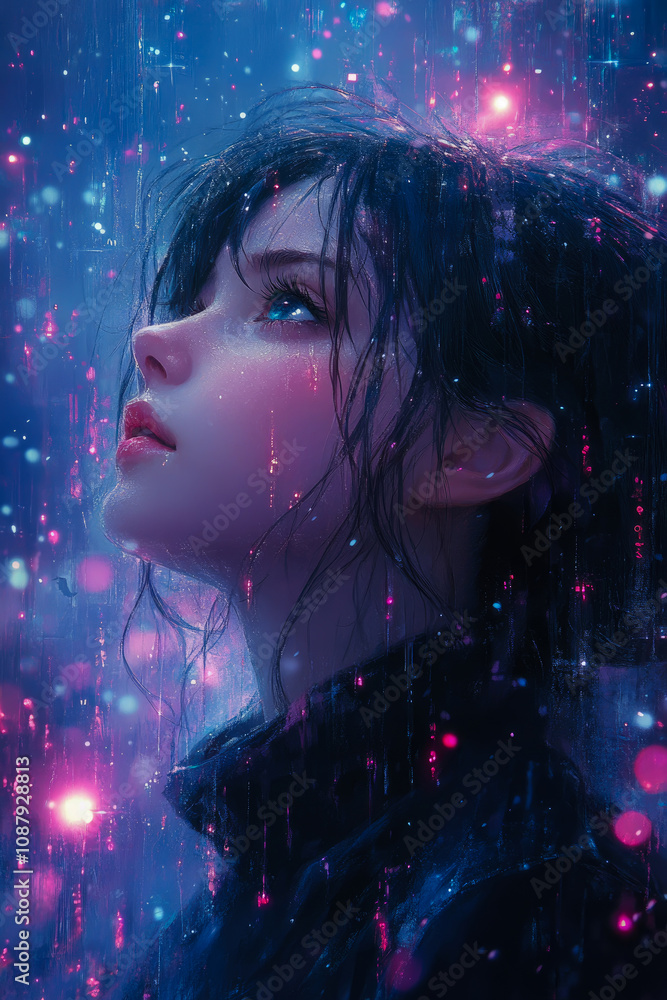 A woman stands with her head tilted upwards, gazing at colorful raindrops that sparkle around her in a nighttime environment A woman stands with her head tilted upwards, gazing at colorful raindrops that sparkle around her in a nighttime environment
