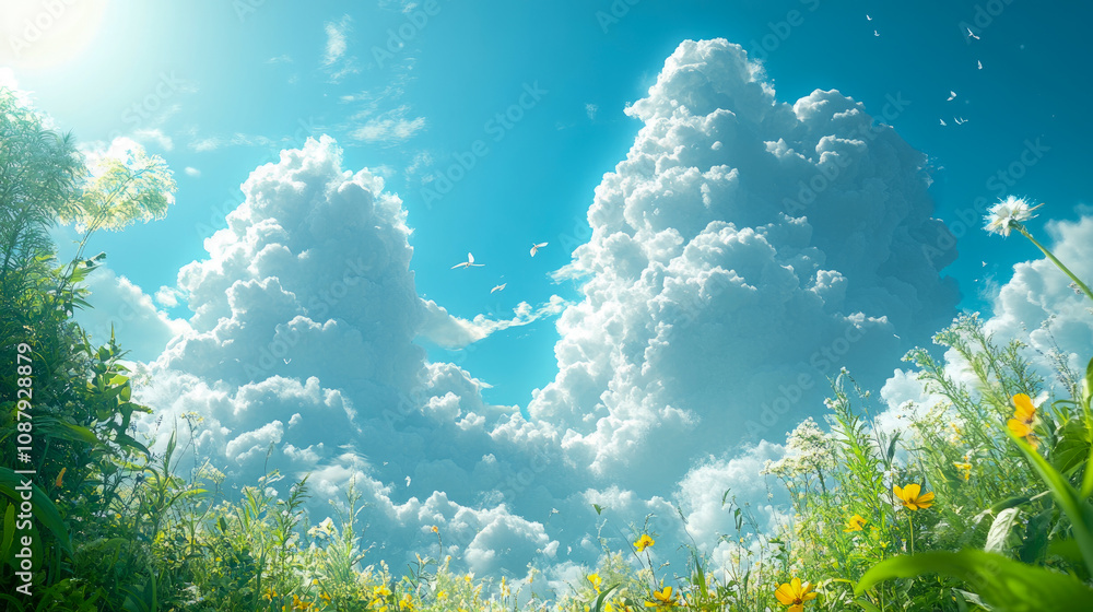 Obraz premium Fluffy white clouds float in a bright blue sky while colorful wildflowers bloom below, creating a peaceful spring atmosphere under the sun