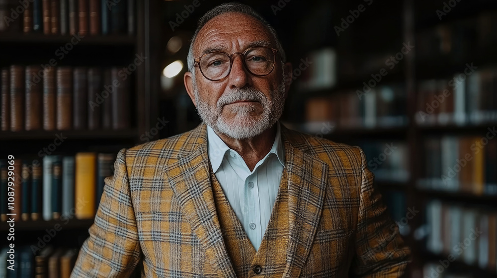 An elderly man in a stylish patterned suit proudly stands in a library, exuding wisdom among the neatly arranged bookshelves An elderly man in a stylish patterned suit proudly stands in a library, exuding wisdom among the neatly arranged bookshelves