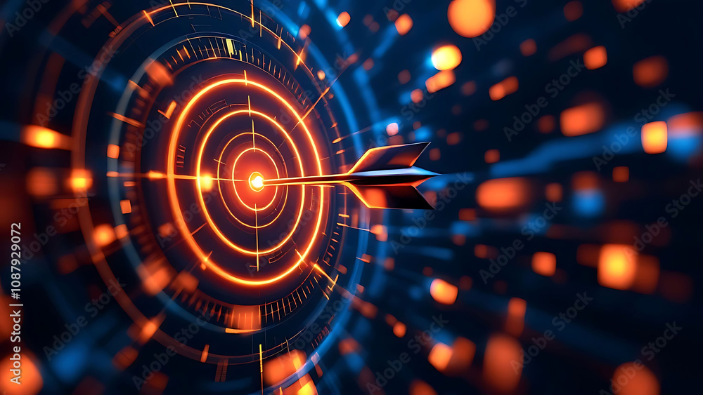 Fototapeta premium A wireframe target with an arrow hitting the bullseye, surrounded by glowing lines to emphasize precision in reaching business goals.