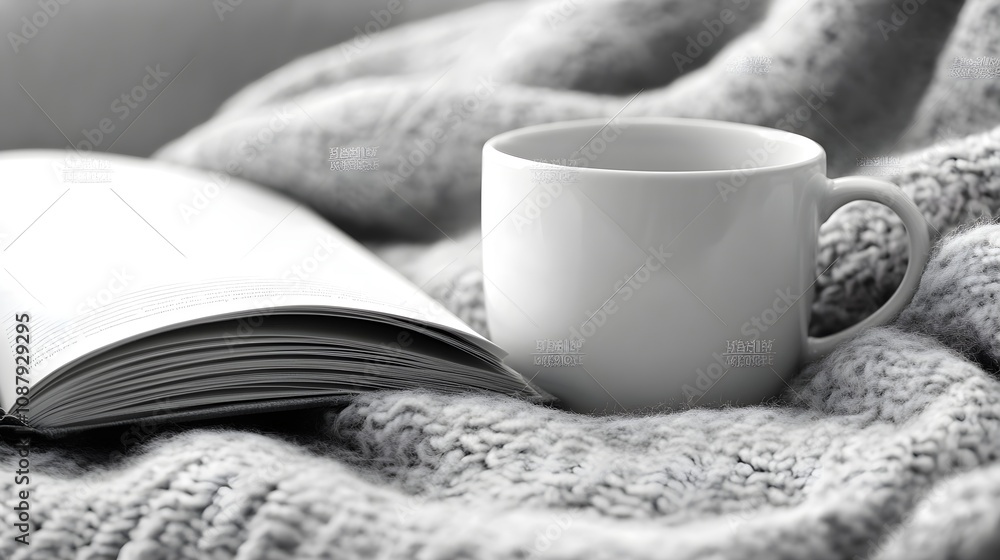 Blank white mug mockup in a cozy living room surrounded by a blanket and a good book. Blank white mug mockup in a cozy living room surrounded by a blanket and a good book.
