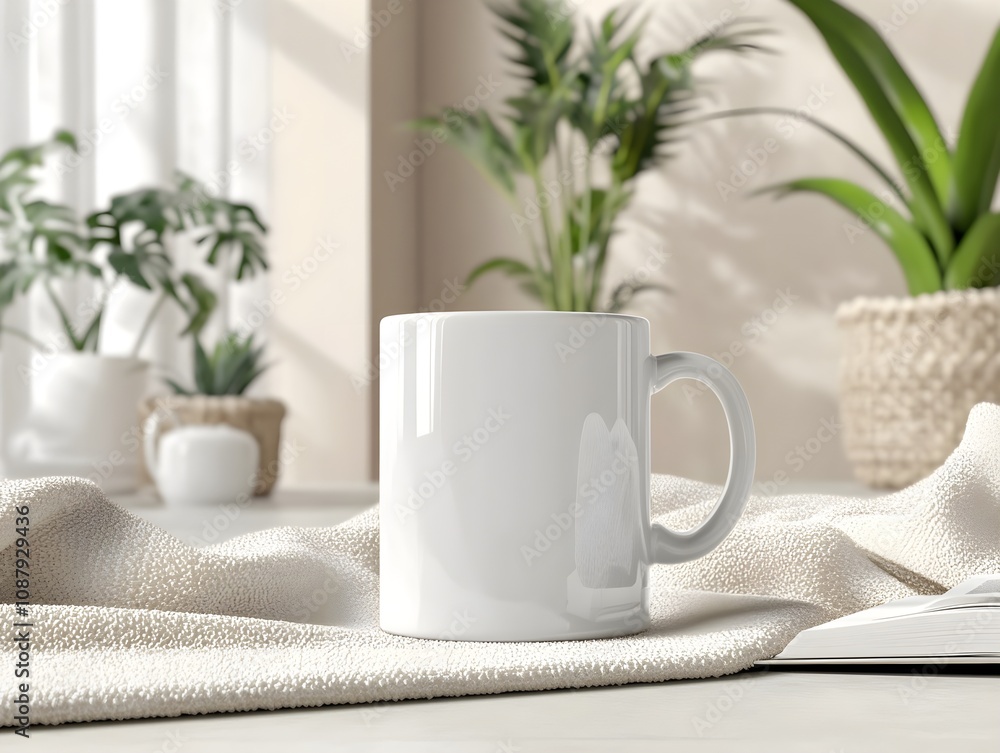 Blank white mug mockup in a cozy living room surrounded by a blanket and a good book. Blank white mug mockup in a cozy living room surrounded by a blanket and a good book.