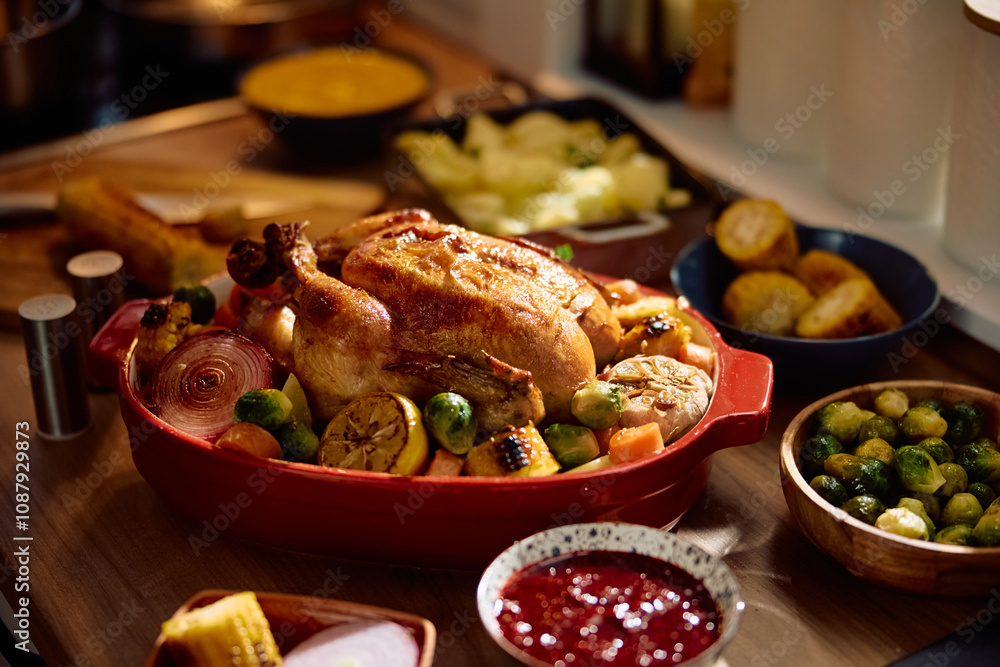 Thanksgiving turkey and side dishes on table. Thanksgiving turkey and side dishes on table.