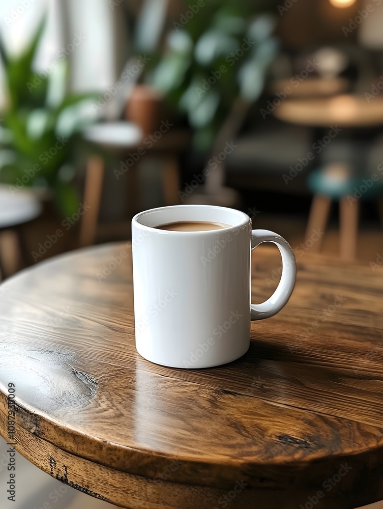 Blank white mug mockup on a stylish table in a cafe, with plants and cozy seating. Blank white mug mockup on a stylish table in a cafe, with plants and cozy seating.