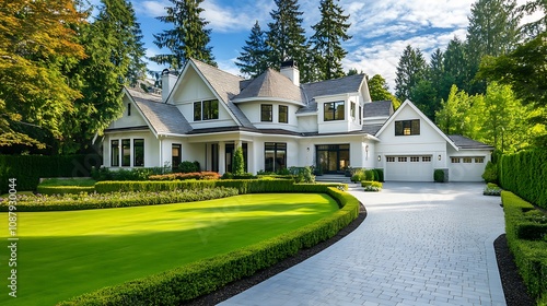 White modern house home beautiful farmhouse cottage transitional classic architecture view exterior front lawn and paved driveway