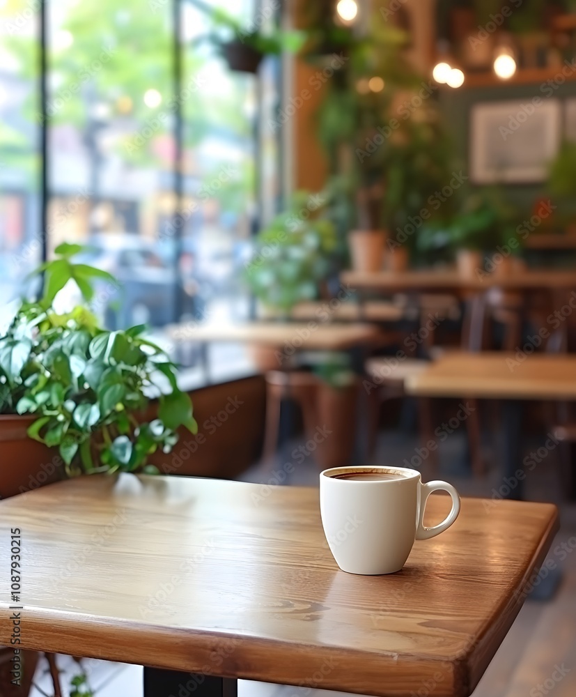Blank white mug mockup on a stylish table in a cafe, with plants and cozy seating. Blank white mug mockup on a stylish table in a cafe, with plants and cozy seating.