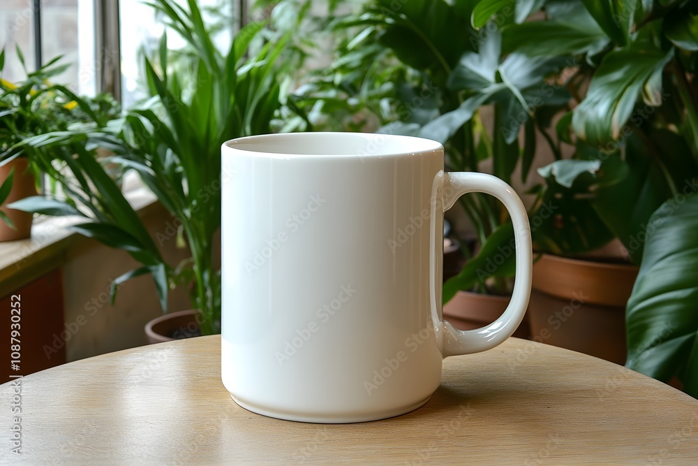 Blank white mug mockup on a stylish table in a cafe, with plants and cozy seating. Blank white mug mockup on a stylish table in a cafe, with plants and cozy seating.
