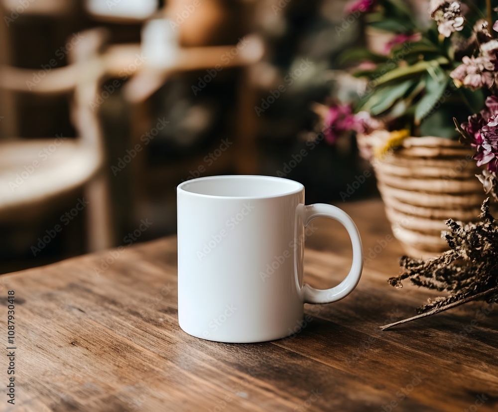 Fototapeta premium Blank white mug mockup on a stylish table in a cafe, with plants and cozy seating.