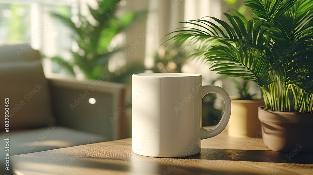 Blank white mug mockup on a stylish table in a cafe, with plants and cozy seating. Blank white mug mockup on a stylish table in a cafe, with plants and cozy seating.