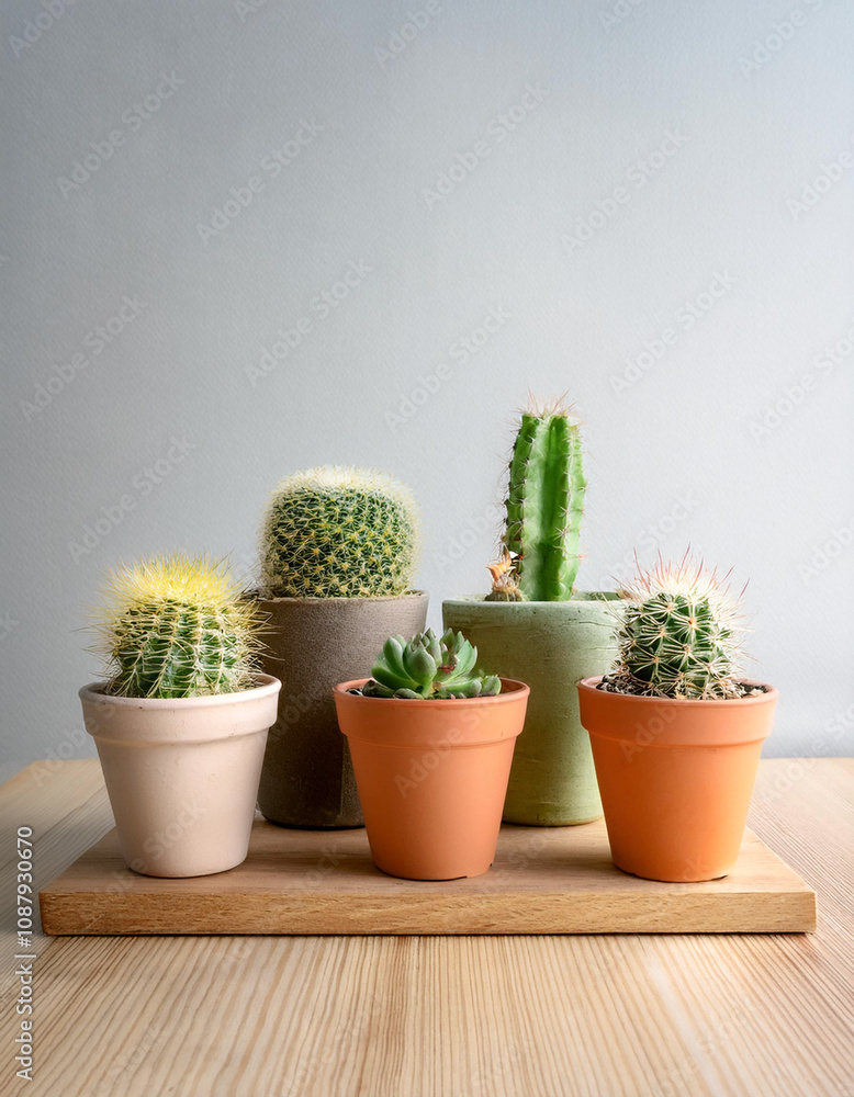 Mini cactus plant pots arranged on a light wooden surface with a plain light grey background Mini cactus plant pots arranged on a light wooden surface with a plain light grey background