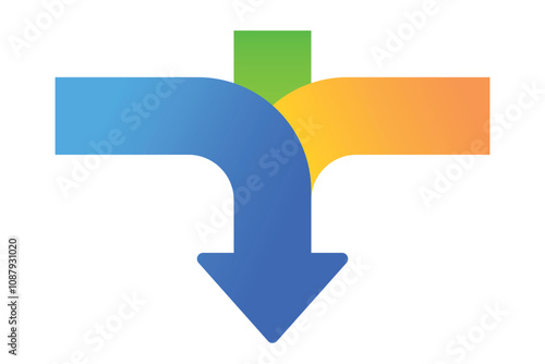 Three arrows merging vertical icon. Clipart image isolated on white background.