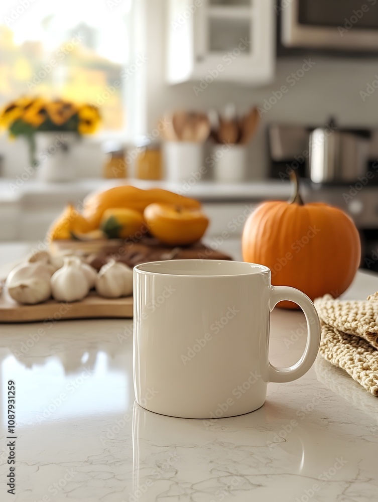 Blank white mug mockup in a bright kitchen environment surrounded by fresh ingredients and cooking utensils. Blank white mug mockup in a bright kitchen environment surrounded by fresh ingredients and cooking utensils.