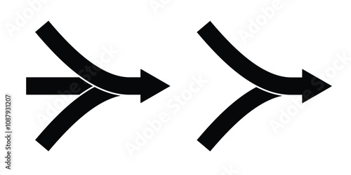 Two and three arrows merging silhouette icon. Clipart image isolated on white background.