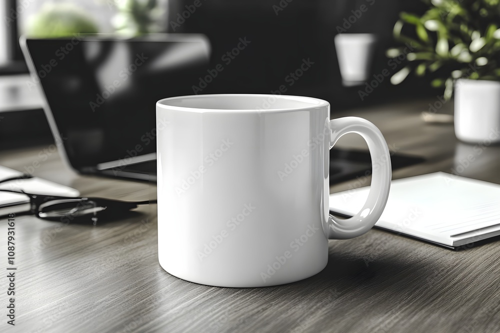 Blank white mug mockup in a modern office, next to a laptop and notepads. Blank white mug mockup in a modern office, next to a laptop and notepads.