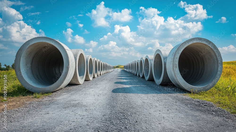 A scenic perspective of concrete pipes stacked on a rural road under a bright blue sky, perfect for construction themes A scenic perspective of concrete pipes stacked on a rural road under a bright blue sky, perfect for construction themes