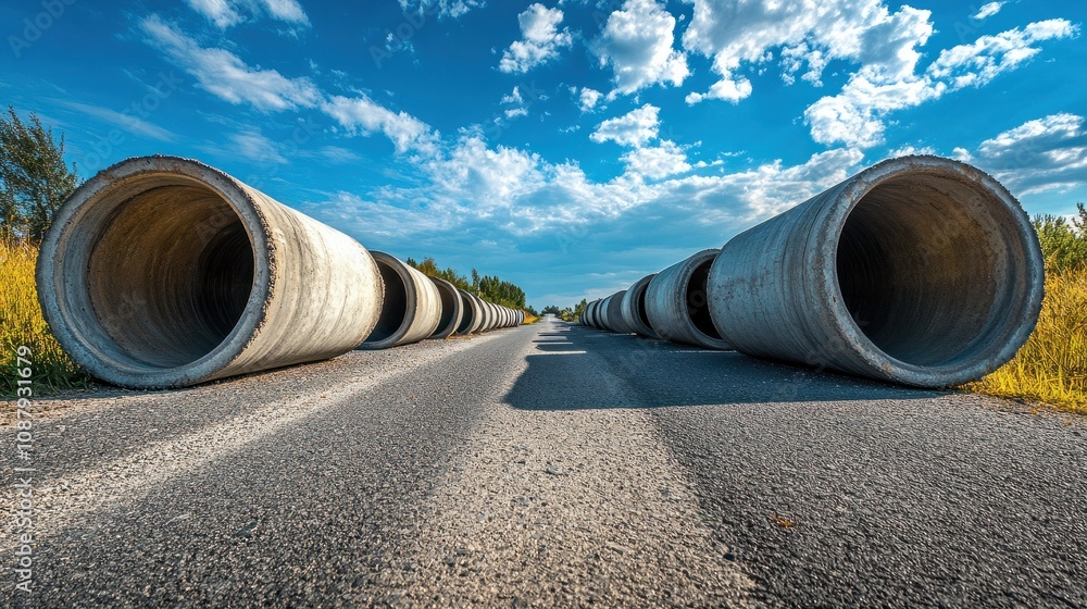 A scenic perspective of concrete pipes stacked on a rural road under a bright blue sky, perfect for construction themes A scenic perspective of concrete pipes stacked on a rural road under a bright blue sky, perfect for construction themes