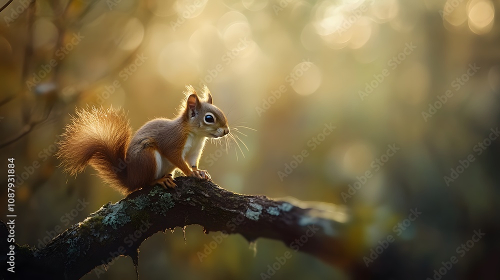 small squirrel perched on a tree branch soft bokeh background small squirrel perched on a tree branch soft bokeh background