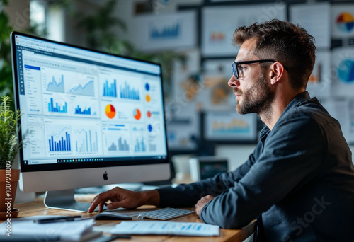 Analytical Male Statistician Analyzing Data on Computer in Office Environment