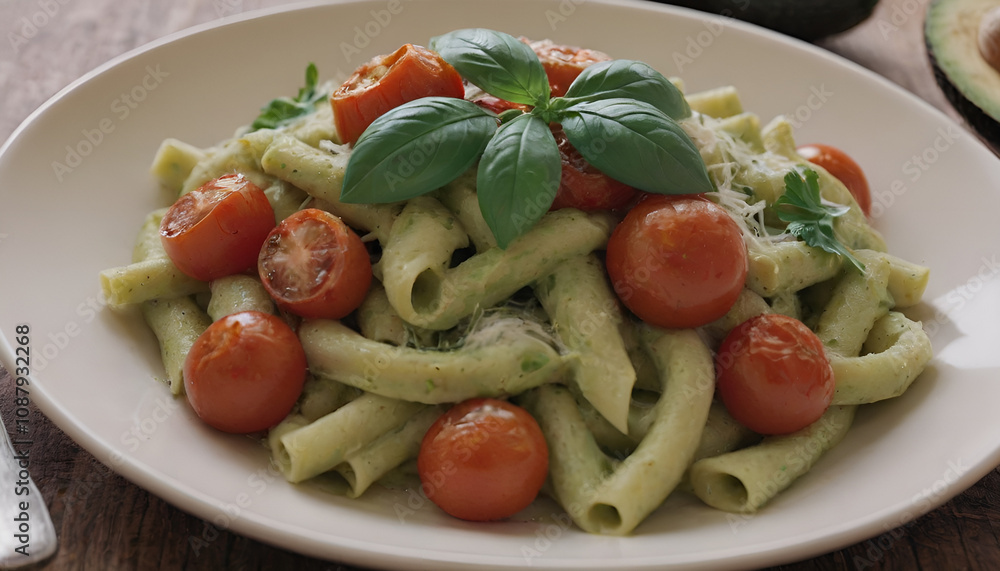 avocado and tomato pasta on a plate avocado and tomato pasta on a plate