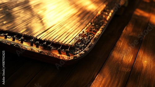 Close-up of a traditional Thai hammered dulcimer on a wooden floor, with intricate details and warm natural lighting 2 photo