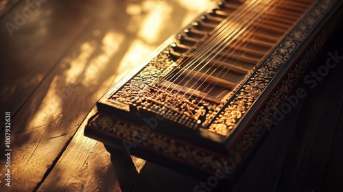 Close-up of a traditional Thai hammered dulcimer on a wooden floor, with intricate details and warm natural lighting 2