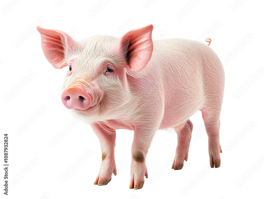 A young piglet standing playfully in a bright area, showcasing its soft pink fur and curious expression A young piglet standing playfully in a bright area, showcasing its soft pink fur and curious expression