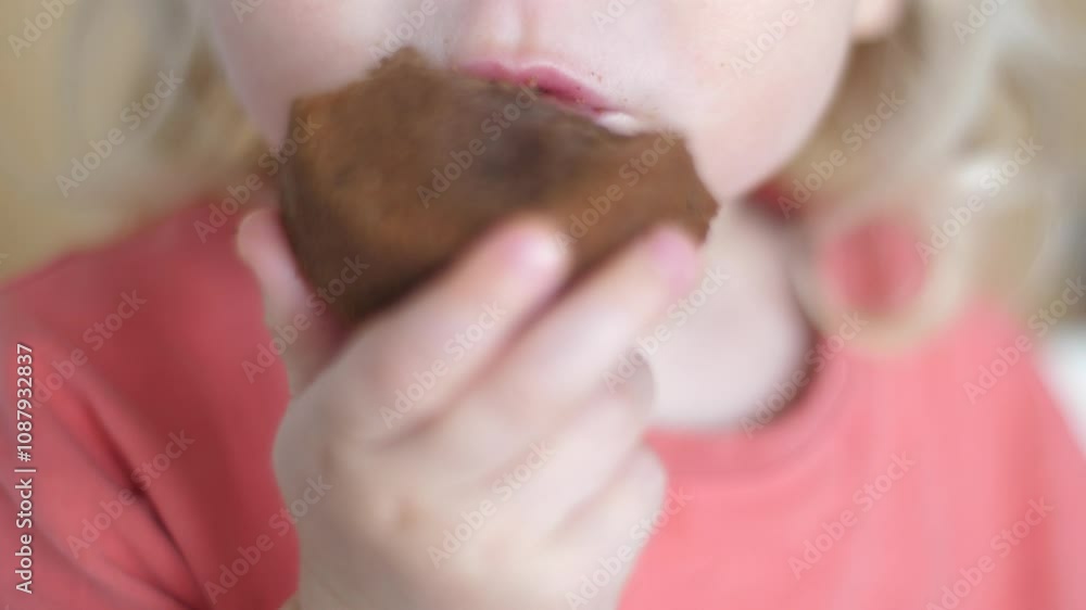 View of a little girl eating a chocolate muffin, toddler eating sweets, bad eating habits View of a little girl eating a chocolate muffin, toddler eating sweets, bad eating habits