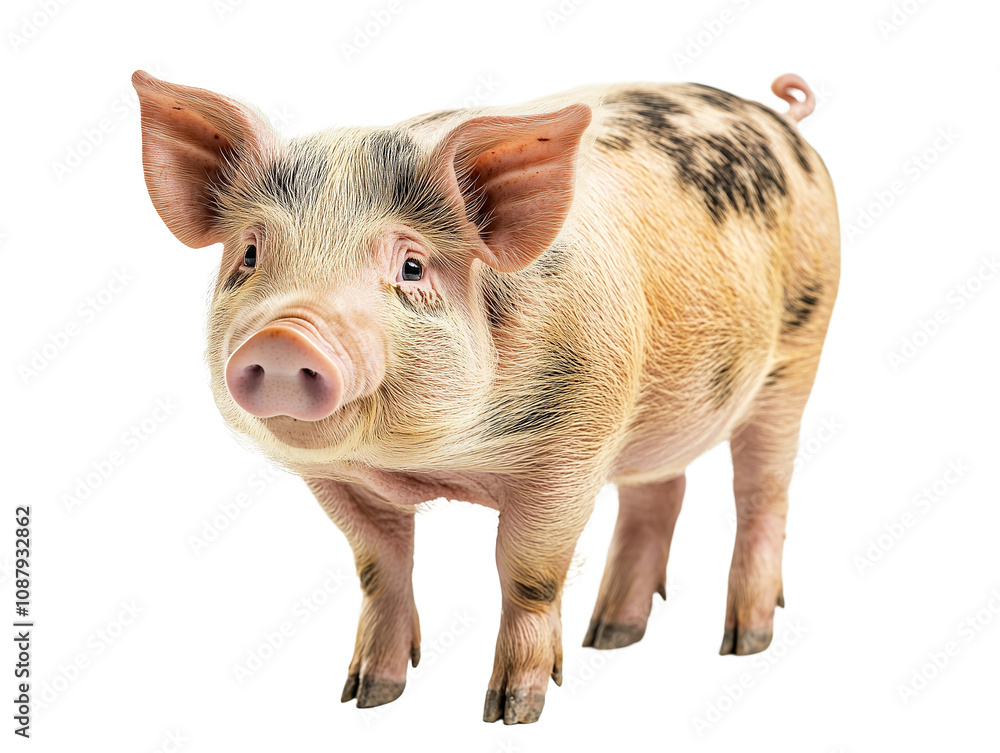A charming and playful piglet stands in a bright setting, showcasing its unique coat patterns and curious nature in a rural environment A charming and playful piglet stands in a bright setting, showcasing its unique coat patterns and curious nature in a rural environment