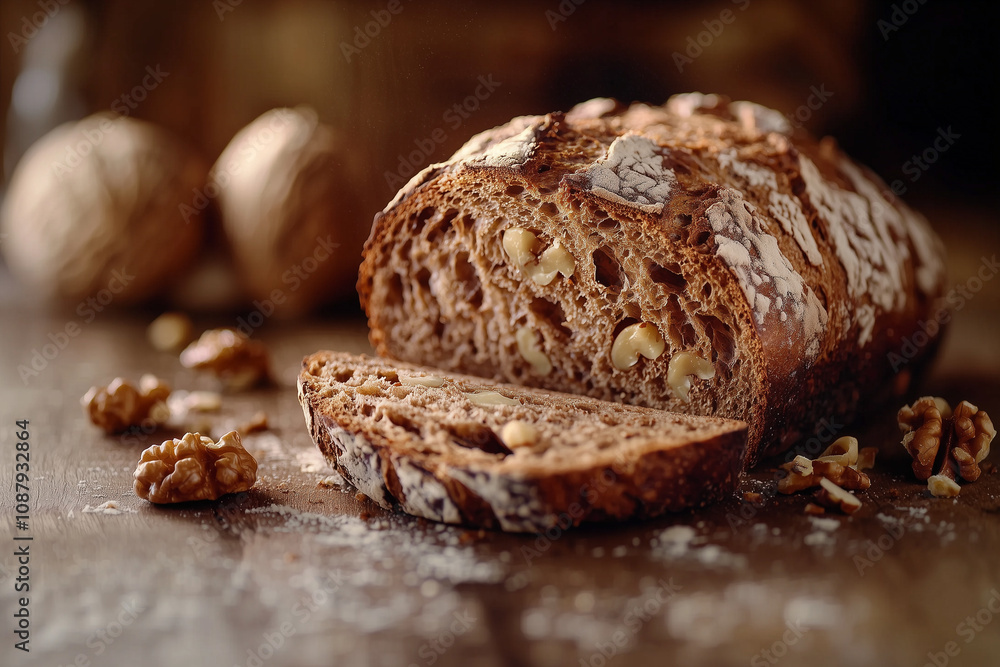 sliced walnut rye bread with a dusted crust and rich texture, alongside whole walnuts on a rustic surface