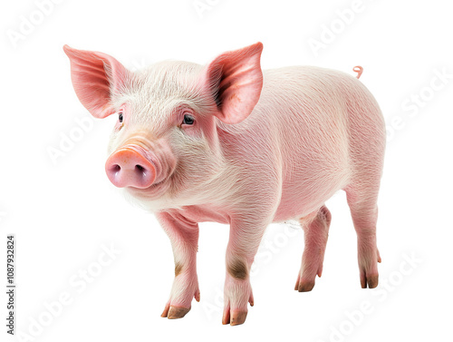 A young piglet standing playfully in a bright area, showcasing its soft pink fur and curious expression