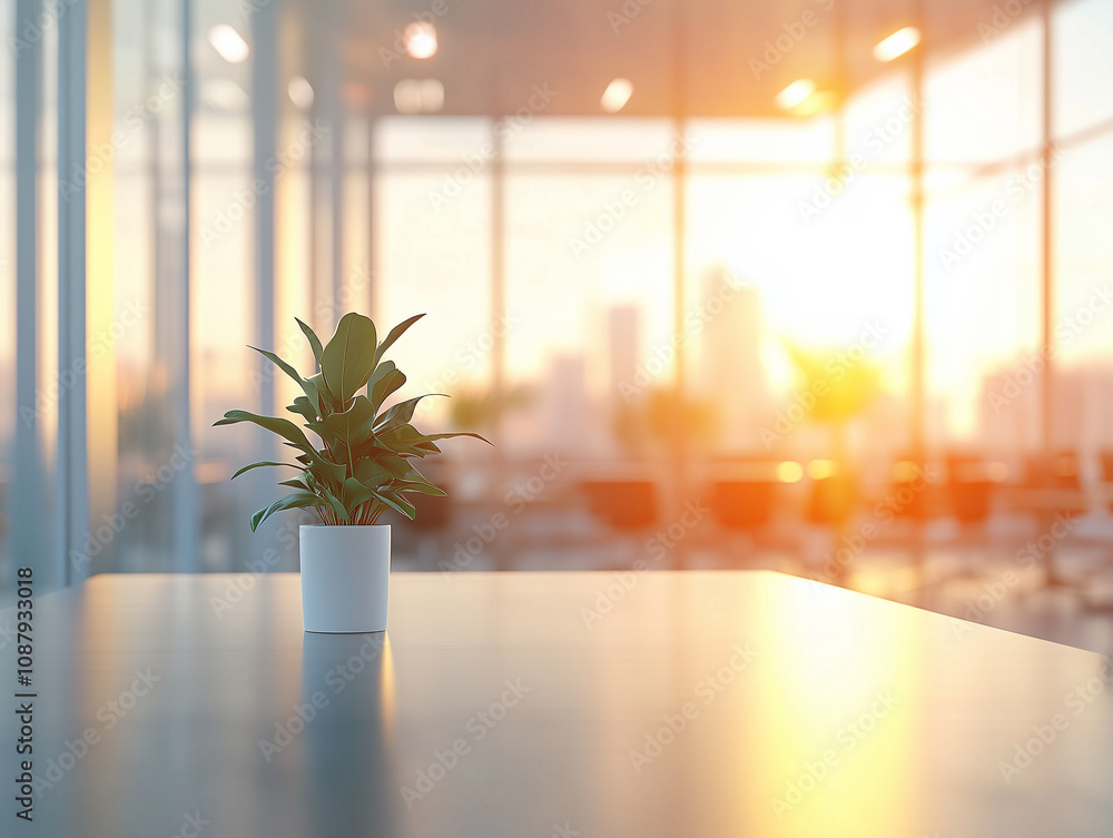 A small green plant sits on a table in a modern office space at sunset highlighting the city skyline through large glass windows A small green plant sits on a table in a modern office space at sunset highlighting the city skyline through large glass windows