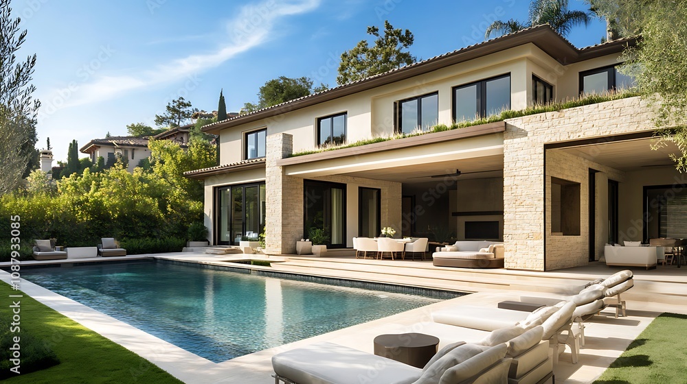 Modern two-story house with beige exterior and stone accents, featuring a spacious backyard with an infinity pool and hot tub. The patio area includes lounge chairs, a seating area. Modern two-story house with beige exterior and stone accents, featuring a spacious backyard with an infinity pool and hot tub. The patio area includes lounge chairs, a seating area.